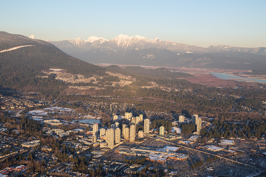 Aerial view of Coquitlam Center Mall during a vibrant sunset. Taken in Greater Vancouver, British Columbia, Canada.